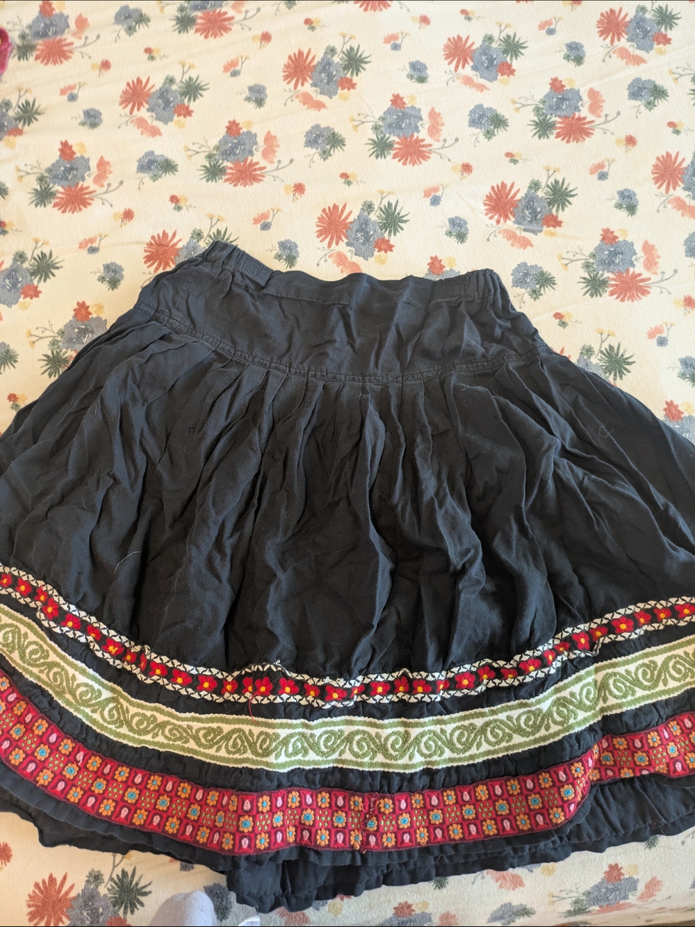 Navy Midi Circle Skirt with Embroidered Trim